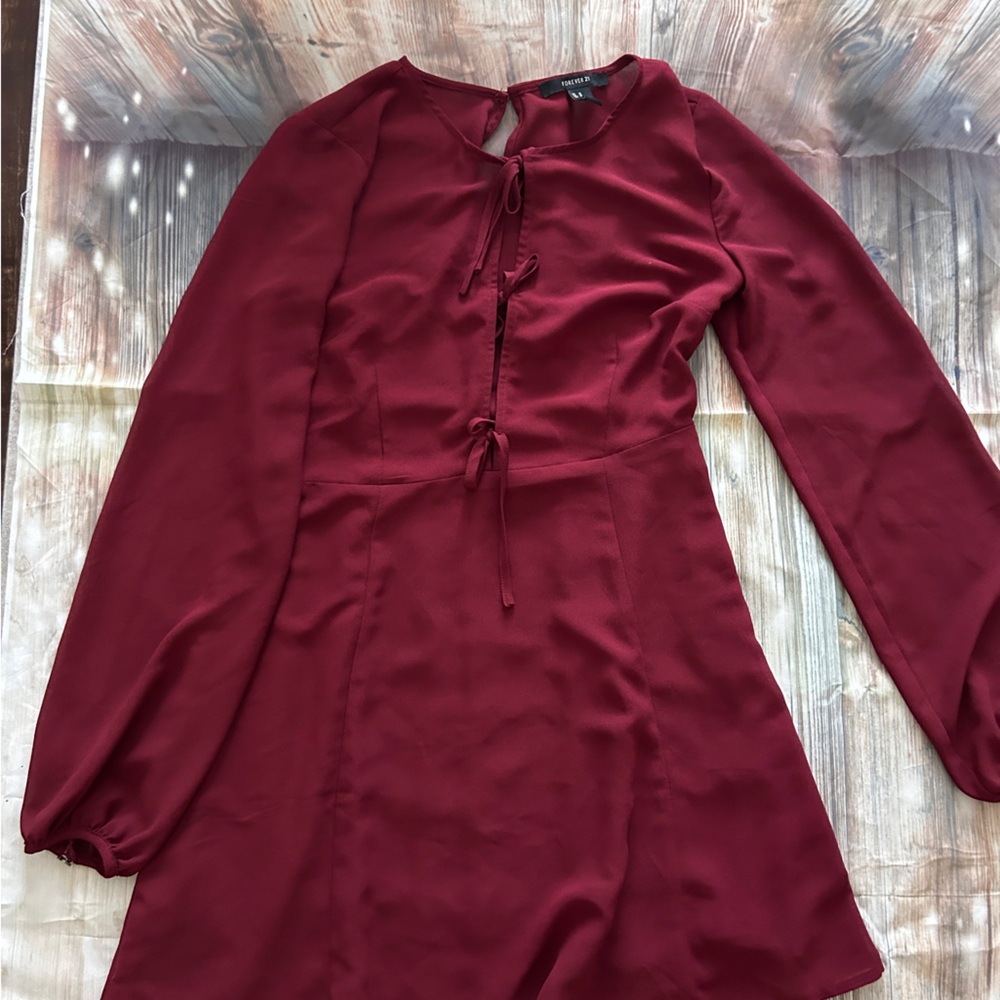 Forever 21 Elegant Burgundy Sheer Long Sleeve Mini Dress/Blouse